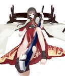  bare_legs barefoot bed between_toes brown_hair cape feet foot_hold highres japanese_clothes katana kimono long_hair looking_at_viewer lying nekomegane obi on_back on_bed original sash soles solo sword toeless_legwear toes weapon 