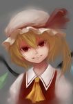  absurdres ascot bad_id bad_pixiv_id blonde_hair close-up fang flandre_scarlet hat hat_ribbon head_tilt highres open_mouth red_eyes ribbon short_hair signature simple_background slit_pupils smile sola7764 solo touhou upper_body wings 