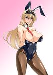  animal_ears blonde_hair blue_eyes breasts bunny_ears bunnysuit bursting_breasts cleavage curvy goggles groin hanna-justina_marseille hips huge_breasts kanten long_hair necktie pantyhose simple_background solo standing strike_witches wide_hips world_witches_series 