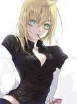  ahoge artoria_pendragon_(all) bad_id bad_pixiv_id blonde_hair breasts enk fate/zero fate_(series) food fur_coat green_eyes pants pocky saber small_breasts solo wet wet_hair 