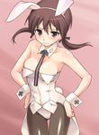  animal_ears bare_shoulders black_legwear blush breasts brown_eyes brown_hair bunny_ears bunny_girl bunnysuit detached_collar gertrud_barkhorn hairband hands_on_hips iron_cross long_hair medium_breasts mirutsu_(milts) pantyhose solo strike_witches world_witches_series wrist_cuffs 