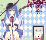  bad_id bad_pixiv_id blue_hair brown_eyes chair deanoia dress food fruit hat hinanawi_tenshi long_hair looking_at_viewer peach sitting solo stuffed_animal stuffed_toy teddy_bear touhou 