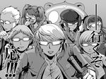  4girls adjusting_eyewear amagi_yukiko ascot everyone glasses greyscale gun hanamura_yousuke handgun hat katana kujikawa_rise kuma_(persona_4) long_hair md5_mismatch monochrome multiple_boys multiple_girls narukami_yuu opaque_glasses open_mouth persona persona_4 revolver satonaka_chie school_uniform serious shirogane_naoto short_hair sword sword_hilt tokiwa_(mukoku) weapon white_eyes 