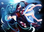  bare_legs barefoot blue_eyes blue_hair bubble feet floating_hair hatsune_miku japanese_clothes kimono long_hair open_mouth setona_(daice) solo twintails underwater vocaloid water 