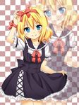  alice_margatroid alternate_costume blonde_hair blue_eyes blush bow checkered checkered_background dress gothic_lolita hair_bow hairband lolita_fashion ribbon ruo_(cruzada) short_hair smile solo touhou wrist_ribbon zoom_layer 