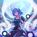  blue_eyes blue_hair breasts cleavage dabadhi danmaku dress electricity flower full_moon hair_ornament hair_rings hair_stick highres kaku_seiga medium_breasts moon moonlight petals shawl short_hair smile solo spell_card touhou vest 