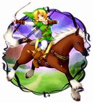  animal bad_id bad_pixiv_id blonde_hair boots bow_(weapon) earrings epona fingerless_gloves gloves green_eyes hat horse jewelry link male_focus minatosaiga pointy_ears solo the_legend_of_zelda weapon 