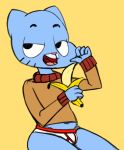  2018 4_fingers anthro banana blue_fur bulge cartoon_network cat clothed clothing cub digital_media_(artwork) feline food fruit fur gumball_watterson half-closed_eyes male mammal midriff open_mouth simple_background sitting solo sweater the_amazing_world_of_gumball tongue underwear young zambs 