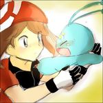  bandana bandanna blue_eyes brown_hair gloves haruka_(pokemon) manaphy open_mouth pokemon short_hair tears 