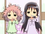  :t akemi_homura black_eyes black_hair blush_stickers brushing_teeth checkered hair_down hairband kaname_madoka lee_(monsterheart) long_hair mahou_shoujo_madoka_magica messy_hair mirror morning multiple_girls pajamas pink_hair reflection sleepy 