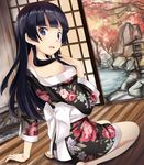  arm_support autumn_leaves barefoot black_hair blue_eyes blush edogawakid feet floral_print from_behind gokou_ruri highres japanese_clothes kimono legs long_hair long_legs looking_back mole mole_under_eye obi off_shoulder open_mouth ore_no_imouto_ga_konna_ni_kawaii_wake_ga_nai pond sash seiza sitting soles solo toes watermark 