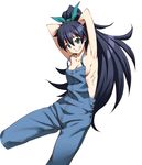  aqua_eyes armpits arms_behind_head blue_eyes breasts cozy denim ganaha_hibiki grin idolmaster idolmaster_(classic) long_hair naked_overalls overalls ponytail ribs sideboob simple_background small_breasts smile solo 