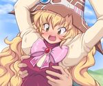  :o arms_up beryl_benito blonde_hair blush bow breast_grab breasts brown_eyes grabbing hat kihaiu long_hair open_mouth pink_bow ribbon small_breasts solo_focus surprised tales_of_(series) tales_of_hearts witch_hat 