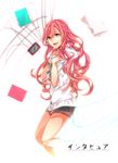  blue_eyes digital_media_player highres ipod long_hair megurine_luka open_mouth pink_hair pipipiosuke smile solo vocaloid 