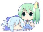  blue_hair blush_stickers chibi cirno daiyousei fairy_wings green_eyes green_hair ladfa multiple_girls o_o side_ponytail skirt skirt_set touhou white_background wings 