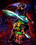  belt blonde_hair blue_eyes boots dual_persona fierce_deity glowing glowing_eye hachimaru_(ediciusa) hat holding holding_sword holding_weapon left-handed link looking_at_viewer male_focus mask multiple_boys pointy_ears sword the_legend_of_zelda the_legend_of_zelda:_majora's_mask weapon young_link 