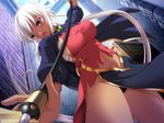  1girl brown_eyes dark_skin fighting_stance game_cg hinasaki long_hair open_mouth panties revolving_summoner sarashi short_hair underwear weapon white_hair 