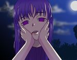  blood blood_on_face blue_hair character_request guro moon parody purple_eyes severed_head solo source_request yandere yandere_trance 