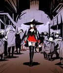  arsenixc artist_self-insert black_hair cat fictional_persona hat highres oekaki original pot red_eyes solo_focus spot_color thighhighs walking wings witch witch_hat zettai_ryouiki 