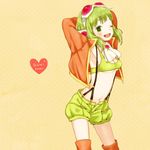 arms_up bad_id bad_pixiv_id boots breasts goggles goggles_on_head green_eyes green_hair gumi headphones jacket megpoid_(vocaloid3) midriff mizutamako navel one_eye_closed open_mouth short_hair shorts small_breasts smile solo thigh_boots thighhighs underboob vocaloid 