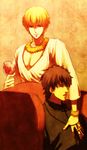  alcohol blonde_hair bracelet brown_hair cross cup drinking_glass fate/zero fate_(series) gilgamesh highres jewelry kotomine_kirei male_focus multiple_boys necklace open_mouth red_eyes tengo_(metron) wine wine_glass 