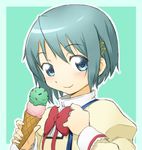  blue_eyes blue_hair closed_mouth face food hair_ornament hairclip ice_cream mahou_shoujo_madoka_magica miki_sayaka onsoku_maru school_uniform short_hair smile solo 