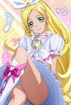  bass_clef beamed_sixteenth_notes blonde_hair boots bow brooch choker crossed_legs cure_rhythm eighth_note eyelashes green_eyes hair_bow haruyama_kazunori heart jewelry knee_boots legs long_hair looking_at_viewer magical_girl minamino_kanade musical_note petticoat precure puffy_short_sleeves puffy_sleeves quarter_note short_sleeves sitting solo suite_precure treble_clef upskirt very_long_hair white_choker 