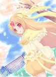  bad_id bad_pixiv_id blonde_hair bow cure_muse_(yellow) fence hair_bow heart katori_(mocchidou) long_hair precure red_eyes shirabe_ako smile solo suite_precure tree 