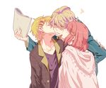  2boys blazer blonde_hair blush closed_eyes earrings hair_ornament hairclip jacket jewelry kiss kurusu_shou multiple_boys nanami_haruka open_mouth paper pink_hair plaid school_uniform shinomiya_satsuki short_hair shuri_(84k) uta_no_prince-sama 