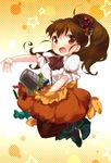  aguri_(aguri0406-aoi) blush boots brown_eyes brown_hair bubble_skirt bucket candy food hair_ornament halloween long_hair orange_skirt pantyhose ponytail skirt smile solo taneshima_popura working!! 