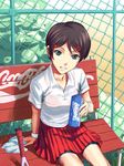  blue_eyes bra brown_hair coca-cola ishii_takamori lingerie original pleated_skirt see-through shirt short_hair skirt smile solo towel underwear white_shirt 