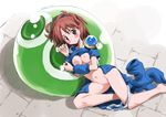  2011 arle_nadja arm_warmers bare_legs blush breasts brown_eyes brown_hair dated isedaichi_ken madou_monogatari medium_breasts navel nipples open_clothes open_skirt panties panties_around_one_leg puyo_(puyopuyo) puyopuyo shirt_lift skirt solo underwear undressing 