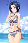  ahoge bare_shoulders blue_hair breasts cleavage cloud day front-tie_top idolmaster idolmaster_(classic) medium_breasts miura_azusa muhi11234 navel red_eyes short_hair skindentation sky solo thigh_gap 