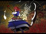  alternate_weapon coin flower hair_tie highres onozuka_komachi pose potato_pot red_eyes red_hair scythe solo spider_lily tassel touhou two_side_up weapon 
