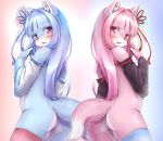  2girls ass blue_hair fox furry half_naked long_hair multiple_girls pink_hair red_eyes shiitakemeshi 