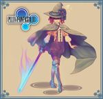  armor blue_eyes blue_fire bow cape feathers fire glowing glowing_weapon greaves hat hat_bow hat_feather lance pixiv_fantasia pixiv_fantasia_2 polearm red_hair solo weapon yugume 