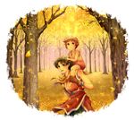  1girl autumn barefoot brown_eyes brown_hair carrying child circlet gensou_suikoden gensou_suikoden_ii gloves hand_on_another's_head highres leaf pilika_(suikoden) riou scarf short_hair shoulder_carry smile sukimottsu tree 