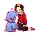  alternate_costume backwards_hat bad_id bad_pixiv_id baseball_cap brown_hair gen_2_pokemon gold_(pokemon) hat heart kiss kneeling male_focus one_eye_closed phanpy pokemon pokemon_(creature) pokemon_(game) pokemon_hgss shiozake smile standing_on_head sweat 