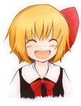 :d ^_^ bad_id bad_pixiv_id blonde_hair blush bow bowtie closed_eyes en_(itumo_nemui) fang hair_ribbon open_mouth portrait ribbon rumia short_hair simple_background smile solo touhou upper_body 