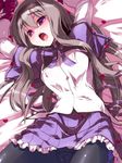  akemi_homura bad_anatomy black_hair long_hair lying mahou_shoujo_madoka_magica miuku_(marine_sapphire) panties panties_under_pantyhose pantyhose petals purple_eyes saliva solo underwear 