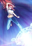  aozaki_aoko bad_id bad_pixiv_id belt blue_eyes breasts denim hair_intakes jeans large_breasts long_hair magic_circle melty_blood midriff navel pants pose red_hair shoes solo tsukihime tsukikanade 