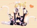  1girl bad_id bad_pixiv_id blonde_hair boots brother_and_sister cat_tail cosplay detached_sleeves grin hair_ornament hair_ribbon headphones heart irono_(irtyu) kagamine_len kagamine_rin kaito kaito_(cosplay) kemonomimi_mode midriff navel neko_cyber_(module) project_diva_(series) project_diva_2nd ribbon short_hair siblings sitting smile tail thighhighs twins vocaloid 