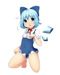  bad_id bad_pixiv_id bare_legs barefoot blue_eyes blue_hair blue_skirt bow cirno hair_bow kinakomoti kneeling paw_pose shirt skirt solo tongue tongue_out touhou wings 