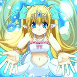  bare_shoulders blonde_hair blue_eyes bracelet circlet commentary_request fins fish frills jewelry light_smile long_hair mermaid midriff miru monster_girl navel necklace open_hands original outstretched_hand palms pearl pearl_necklace pointy_ears smile solo twintails underwater very_long_hair white_mermaid 