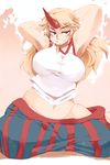  bad_id bad_pixiv_id blonde_hair breasts cleavage curvy eyebrows grin groin highres horn hoshiguma_yuugi huge_breasts iroyopon long_hair naughty_face navel no_panties red_eyes smile solo tank_top thick_eyebrows touhou 