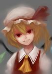  absurdres ascot bad_id bad_pixiv_id blonde_hair close-up fangs flandre_scarlet grey_background hat hat_ribbon head_tilt highres open_mouth red_eyes revision ribbon short_hair signature simple_background slit_pupils smile sola7764 solo touhou upper_body wings 
