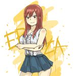  character_name crossed_arms erinan erza_scarlet fairy_tail long_hair pleated_skirt red_hair skirt solo yellow_background 