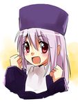  :d bad_id bad_pixiv_id blush child clenched_hands fate/zero fate_(series) hat ichi_(lucky-dog1) illyasviel_von_einzbern long_hair open_mouth purple_hat raised_fists red_eyes smile solo white_hair winter_clothes younger 