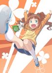  \o/ arms_up bag blurry blush_stickers brown_hair denim denim_skirt depth_of_field foreshortening frog green_eyes hair_ornament handbag idolmaster idolmaster_(classic) miniskirt mofu open_mouth outstretched_arms shoes short_hair short_twintails skirt smile sneakers socks solo takatsuki_yayoi twintails white_legwear 