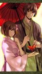  1girl arm_up axis_powers_hetalia bad_id bad_pixiv_id bird brown_eyes brown_hair dual_persona flower genderswap genderswap_(mtf) giving hair_flower hair_ornament hakama height_difference japan_(hetalia) japanese_clothes kimono looking_down oosugi_michiko open_mouth oriental_umbrella origami outline paper_crane short_hair smile surprised umbrella wide_sleeves yellow_eyes 